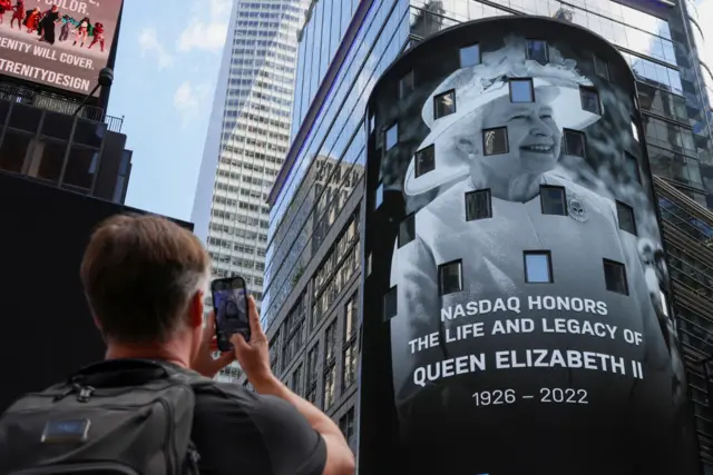 A tribute to the Queen appears on the screen of the Nasdaq MarketSite billboard, in Times Square, in New York