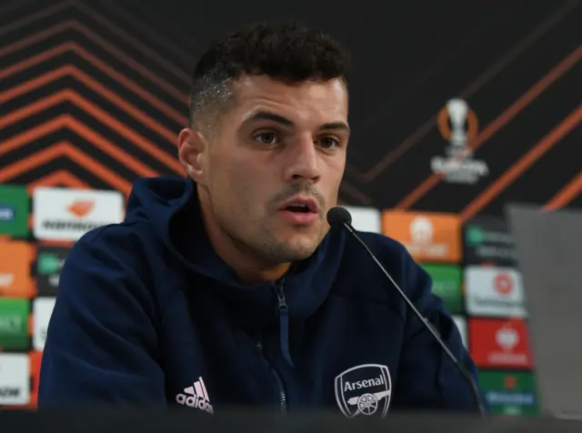 Arsenal's Granit Xhaka at a press conference on Thursday