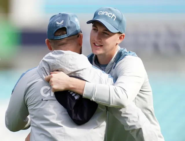 Harry Brook hugging Brendon McCullum after being given his Test cap