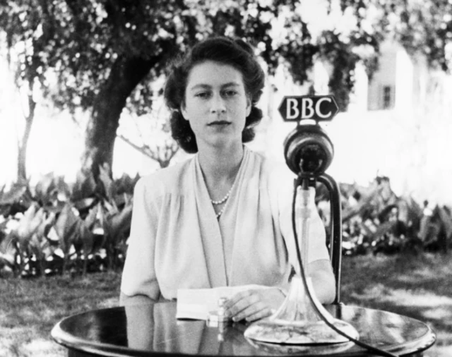 Princess Elizabeth (Queen Elizabeth II) broadcasting a message to the youth of the Empire during the celebrations of her 21st birthday in Cape Town