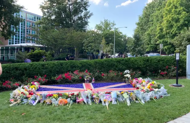 Flower tributes left outside the British embassy in Washington DC