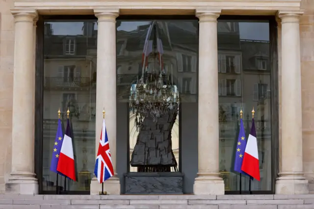 The Union Jack flag seen at the entrance of the Elysee Palace, following the passing of Britain's Queen Elizabeth II, in Paris, France, 09 September 2022.