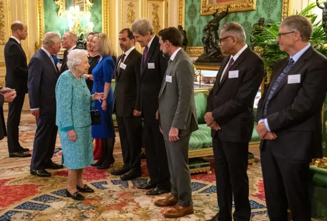 File photo dated 19/10/2021 of Queen Elizabeth II greeting Foreign Secretary Liz Truss (sixth right), John Kerry (fourth right) and Bill Gates (right) at a reception for international business and investment leaders at Windsor Castle, to mark the Global Investment Summit.