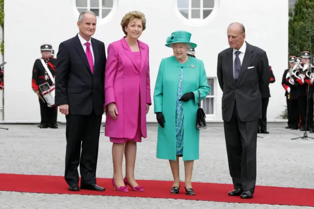 Queen Elizabeth II, Prince Philip, The Duke of Edinburgh, President Mary McAleese and Dr Martin McAleese at Aras An Uachtarain in Phoenix Park, Dublin.