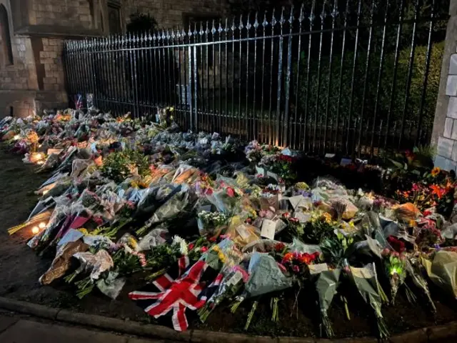 Floral tributes outside Cambridge Gate at Windsor Castle