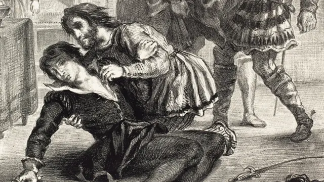 Illustration of a dying Hamlet with Horatio