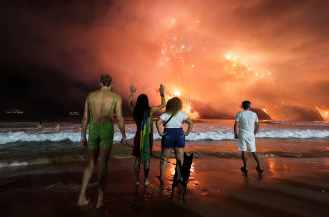 Fireworks at the beach in Rio de Janeiro, Brazil