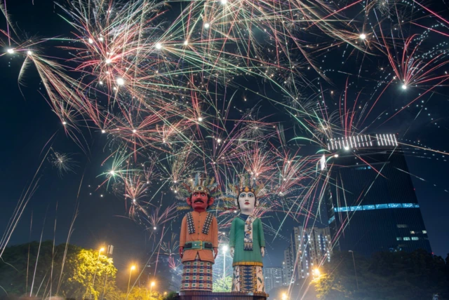 Statues of the traditional large puppet figures called "Ondel-ondel" in Jakarta, Indonesia
