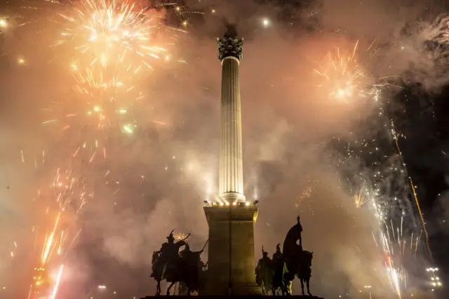 Fireworks light up heroes square in Budapest, Hungary