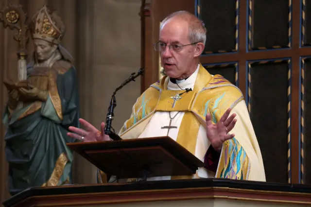 Justin Welby, the Archbishop of Canterbury delivers his Easter Sermon at Canterbury Cathedral on April 17, 2022 in Canterbury, England