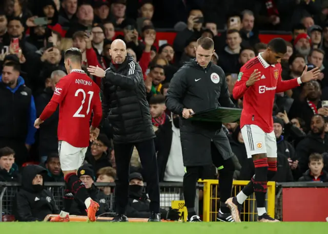 Marcus Rashford comes on for Manchester United