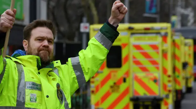 Striking ambulance worker, Waterloo, London