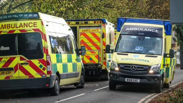 Ambulances queue outside Bath Royal United Hospital’s A&E department.