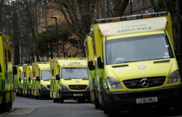 Ambulances park up outside the headquarters in Waterloo, south london