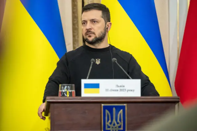 resident of Ukraine Volodymyr Zelenskyi during a press conference following the tripartite meeting on January 11, 2023 in Lviv, Ukraine.