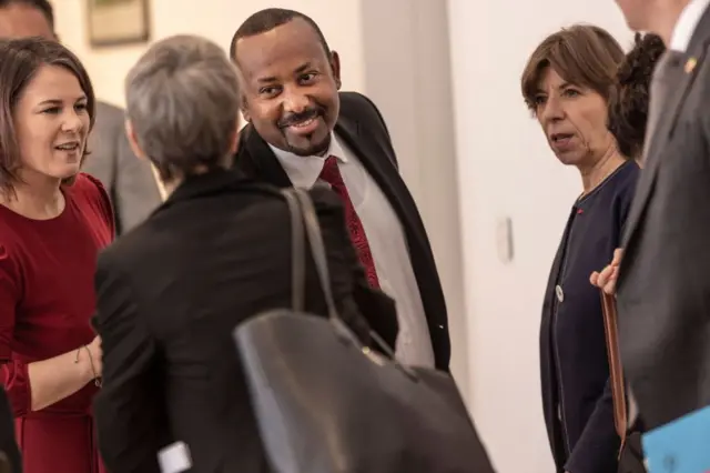 Ethiopia Prime Minister Abiy Ahmed (C) receives German Federal Minister for Foreign Affairs, Annalena Baerbock (L) and French Foreign and European Affairs Minister, Catherine Colonna (3rd R) and their delegations at the Prime Minister office in Addis Ababa, Ethiopia, on January 12, 2023.