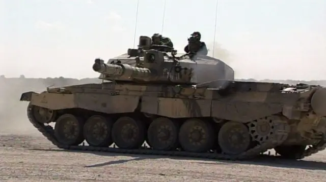 Challenger 2 tank being put through its paces at a firepower demonstration on Salisbury Plain