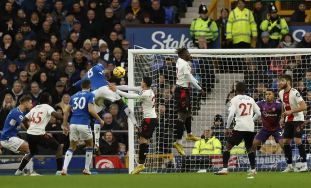 Andre Onana heads Everton into the lead at Goodison Park.