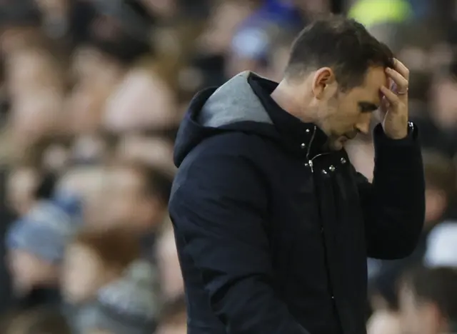 Everton boss Frank Lampard shakes his head in frustration.