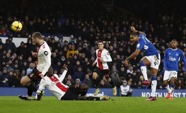 Everton forward Dominic Calvert-Lewin shoots towards goal.