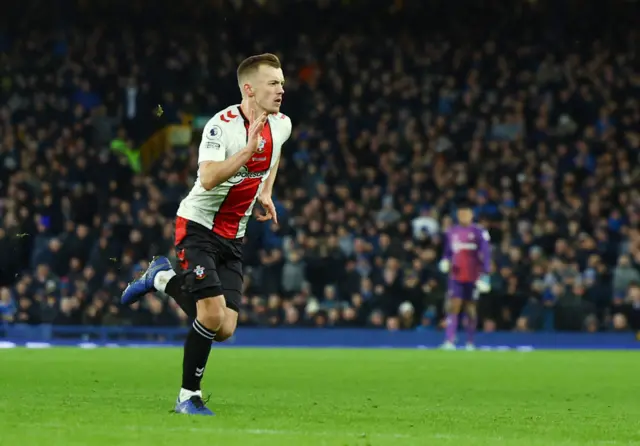 James Ward-Prowse runs away to celebrate his goal with the travelling fans.