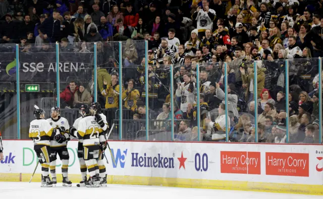 Nottingham Panthers celebrate their goal against Belfast Giants