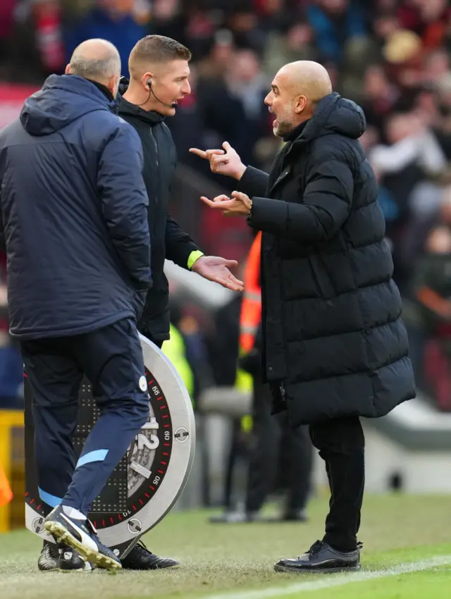 Pep Guardiola asks the officials for clarity after Man Utd are awarded a controversial equaliser.