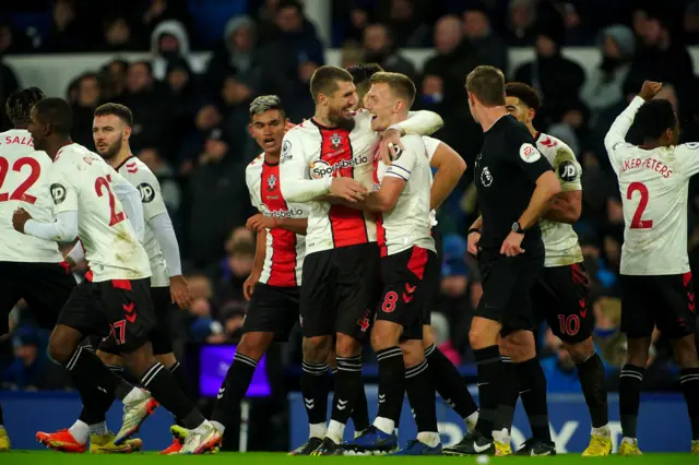 Southampton players celebrate going in front against Everton.