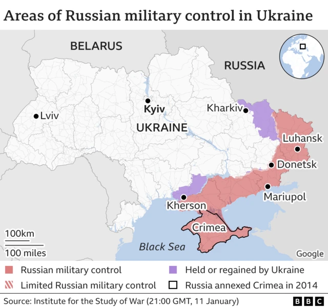 Map showing Ukraine - with areas of Russian control in the east of the country including Kherson, Mariupol, Donetsk and Luhansk