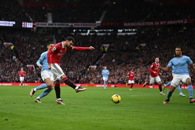 Man Utd's Bruno Fernandes attempts the first shot of the match.