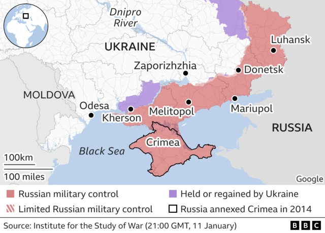 Map showing Russian controlled areas of southern Ukraine, also highlighting areas recaptured by Ukraine