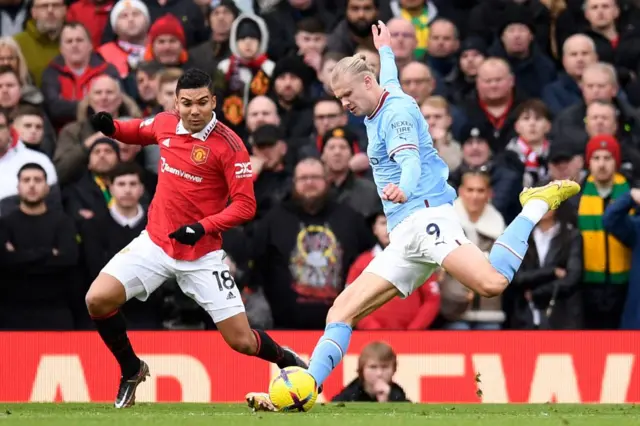 Man City's Erling Haaland makes his first attempt at goal.