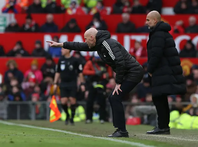 Man Utd boss Erik ten Hag shouts instructions to his team.