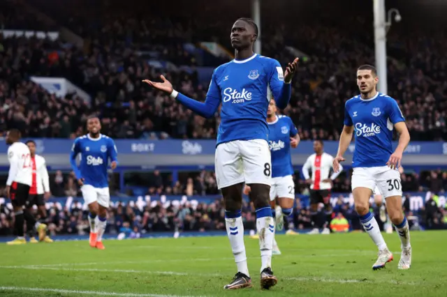 Everton's Amadou Onana celebrates putting his side ahead.