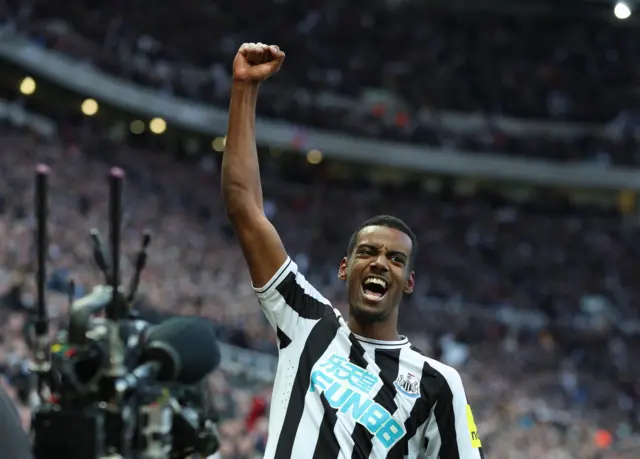 Alexander Isak celebrates scoring the opening goal for Newcastle.