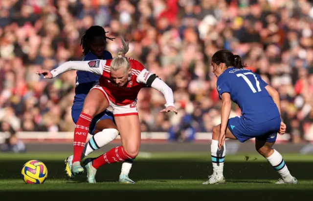 Arsenal's Stina Blackstenius is surrounded by Chelsea defenders.