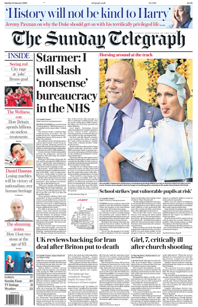 Sunday Telegraph front pag