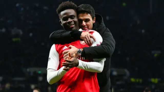 Bukayo Saka and Mikel Arteta celebrating