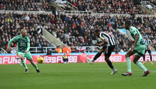 Callum Wilson takes aim at goal after a smart turn in the box.