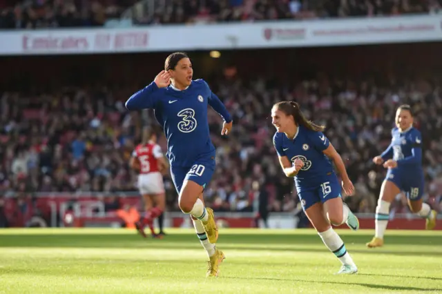 Sam Kerr celebrates scoring a late equaliser for Chelsea.