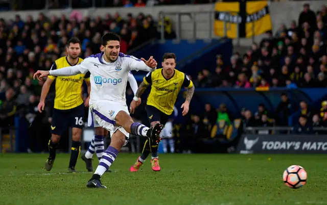 Aleksandr Mitrovic misses a penalty against Oxford United in the FA Cup.