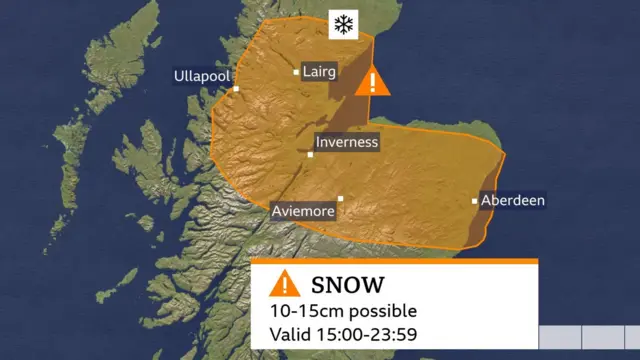 An image showing the amber weather warning stretching across Scotland, from Ullapool in the north-west to Aberdeen, and taking in Aviemore and Lairg