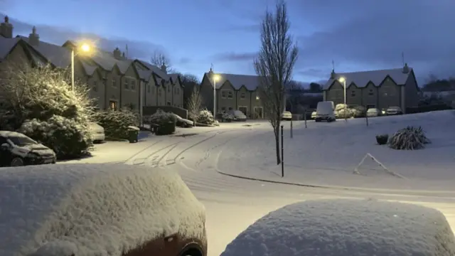 A road and cars covered in snow