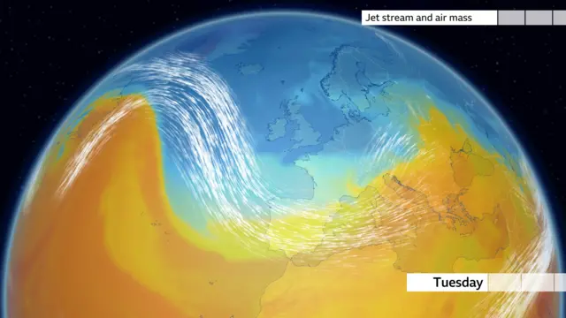 A graphic showing the jet stream and air mass across the northern hemisphere