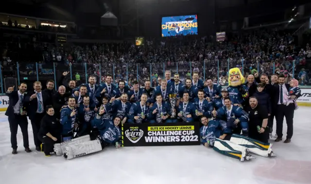 Belfast Giants with the Challenge Cup after defeating Cardiff Devils at the SSE Arena, Belfast.