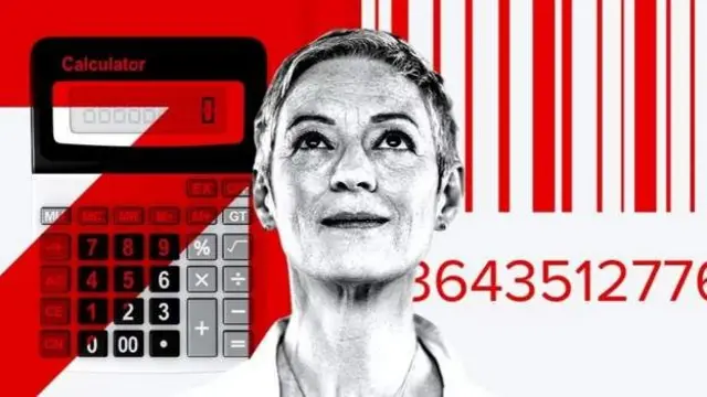 Woman in centre of BBC graphic, next to a calculator with an arrow edited on top of it , as well as a barcode