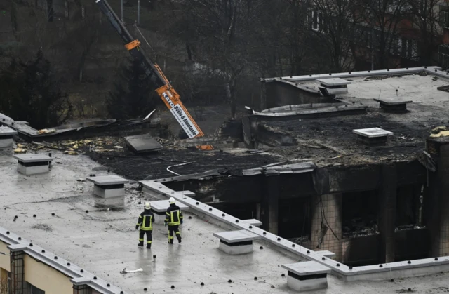 A general view of the site of a helicopter crash, amid Russia's attack on Ukraine, in the town of Brovary, outside Kyiv