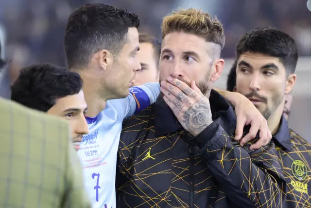 Cristiano Ronaldo shares a warm hug in the tunnel with former Real Madrid team-mate Sergio Ramos.