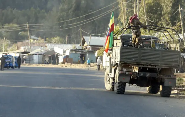 thiopian security forces patrol at street after Ethiopian army took control of Hayk town of Amhara city from the rebel Tigray People's Liberation Front (TPLF) in Ethiopia on December 16, 2021