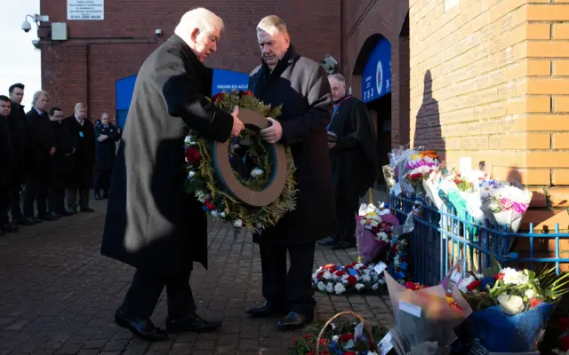 Rangers Chairman Douglas Park lays a wreath in memory of those who lost their life during the Ibrox disaster